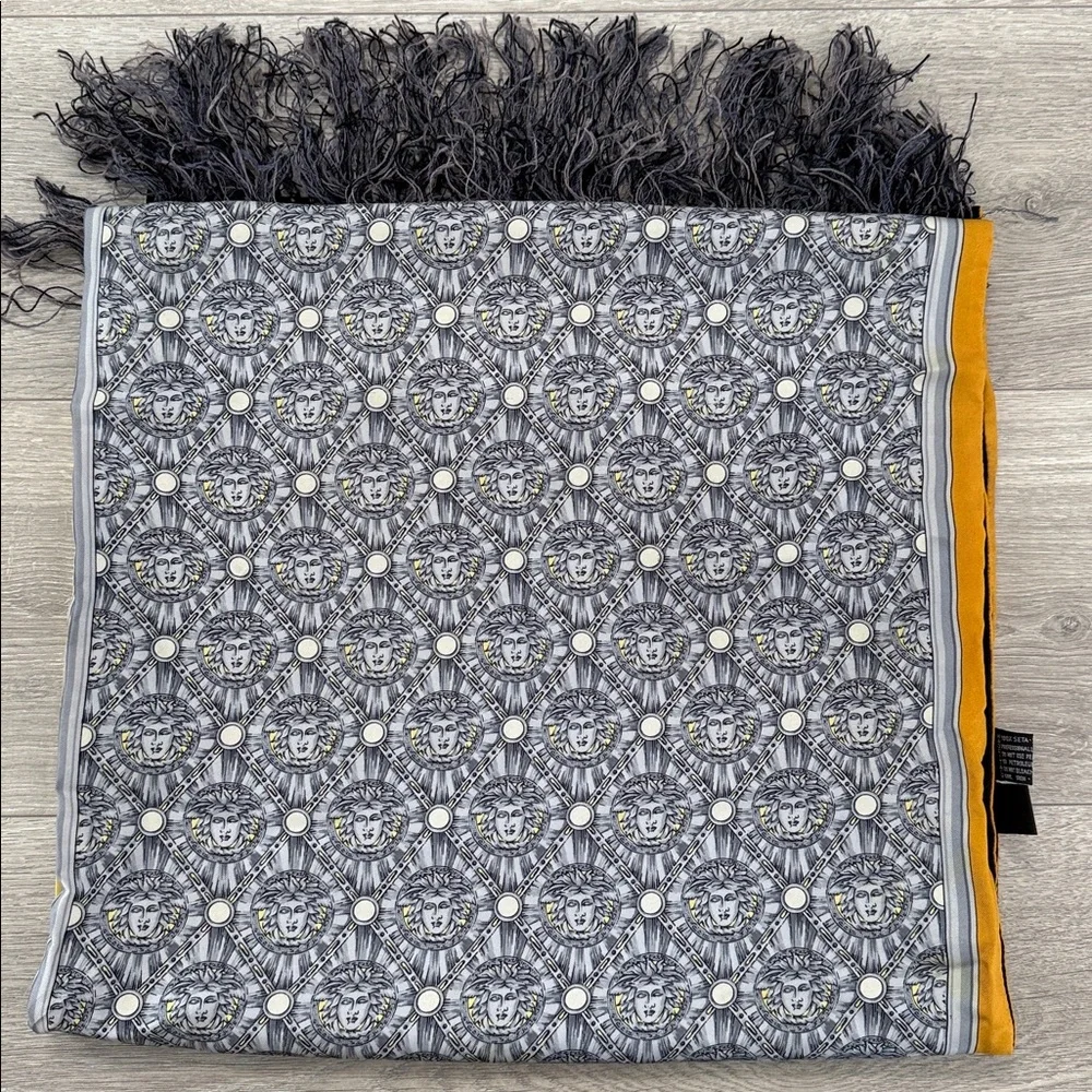 Versace Black Gray Gold Yellow Crest Fringe Scarf